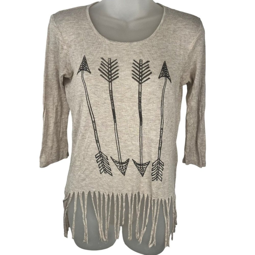 Freshwear T-Shirt Top Blouse Arrows Fringe Bottom Beige Layering Women's Size XS